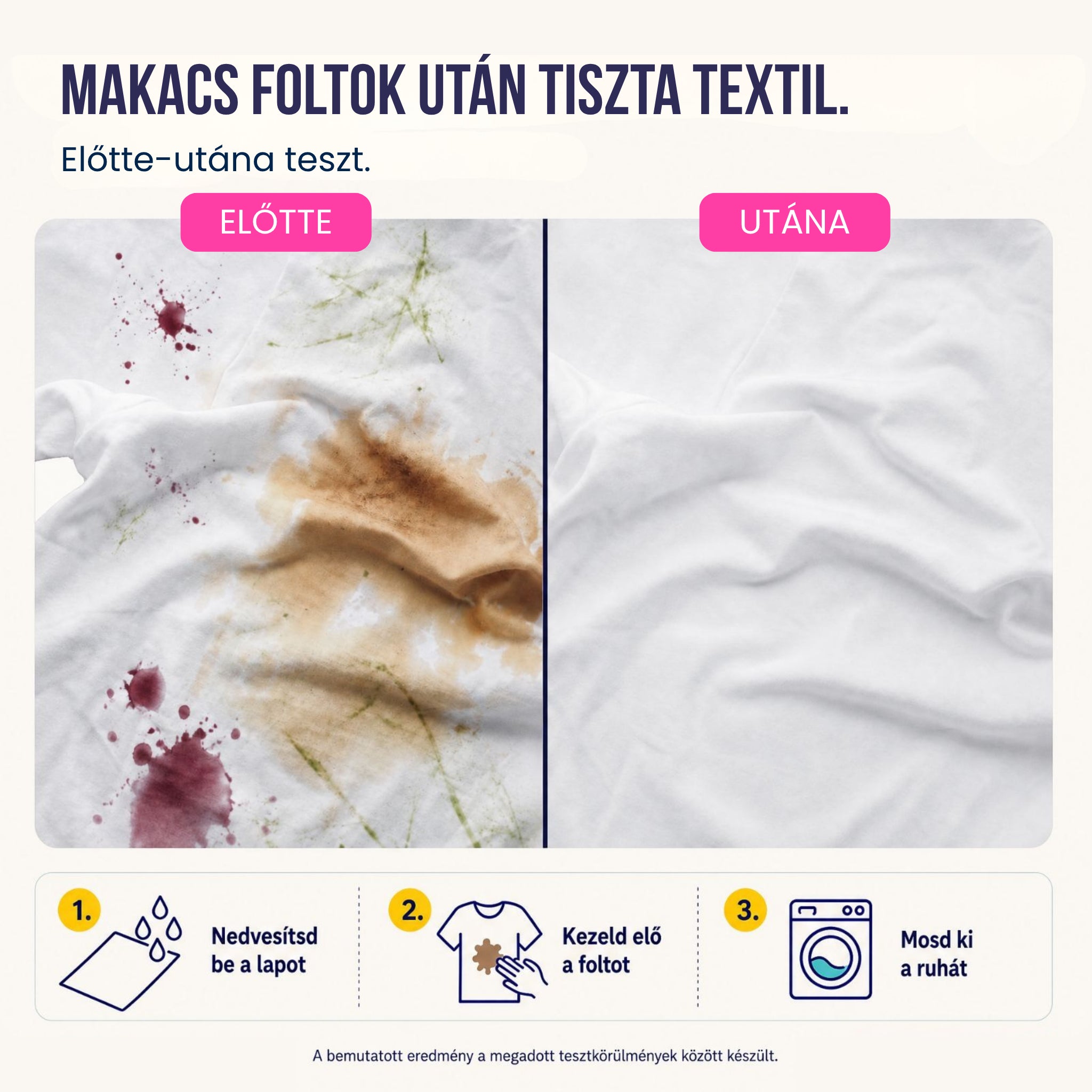 Foltok eltávolítása fehér pólóról The Eco Buddies enzimes mosólappal, előtte-utána.