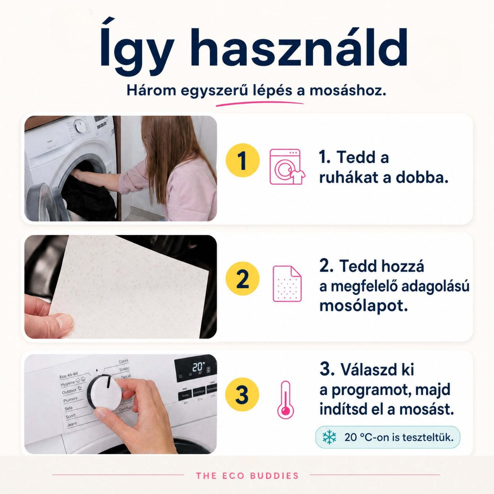 The Eco Buddies mosólap használata lépésről-lépésre.