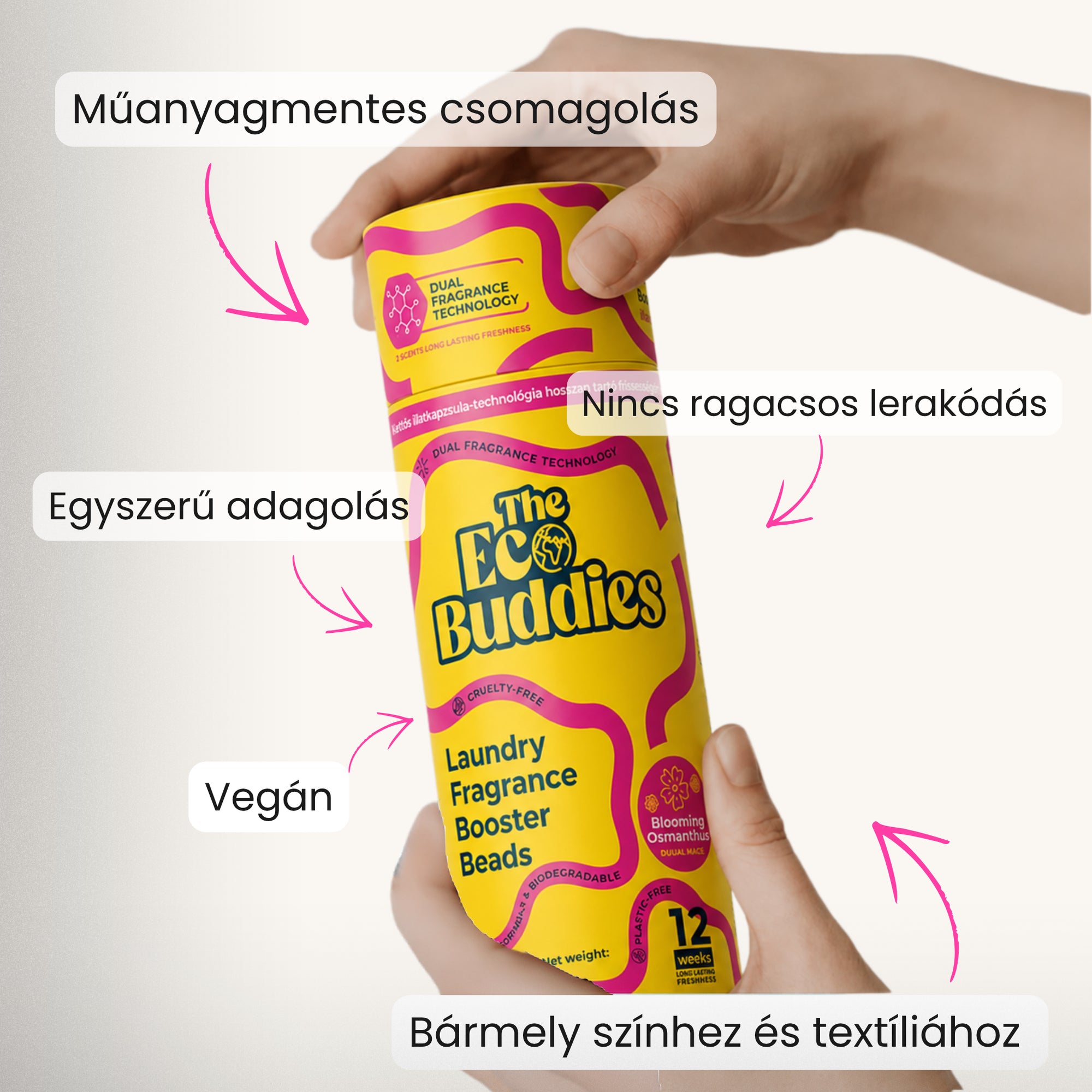 The Eco Buddies illatfokozó gyöngy műanyagmentes csomagolásban, egyszerű adagolással, bármely színhez és textíliához, vegán formula.