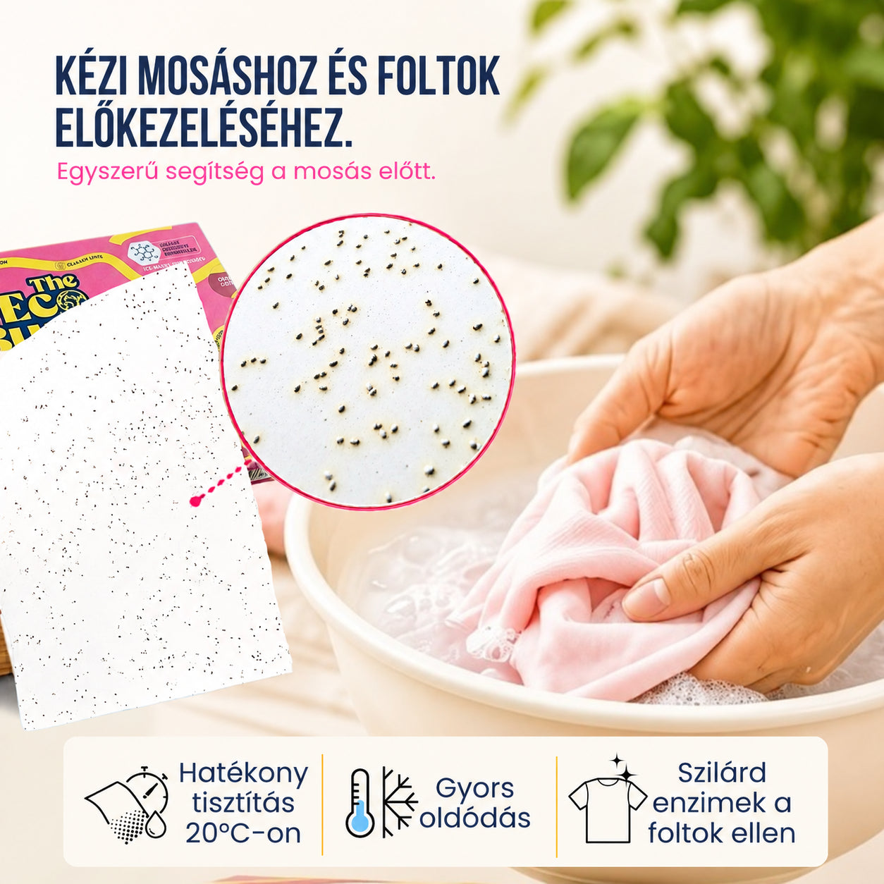 Kézi mosás és foltok előkezelése The Eco Buddies szilárd enzimrészecskés mosólappal.