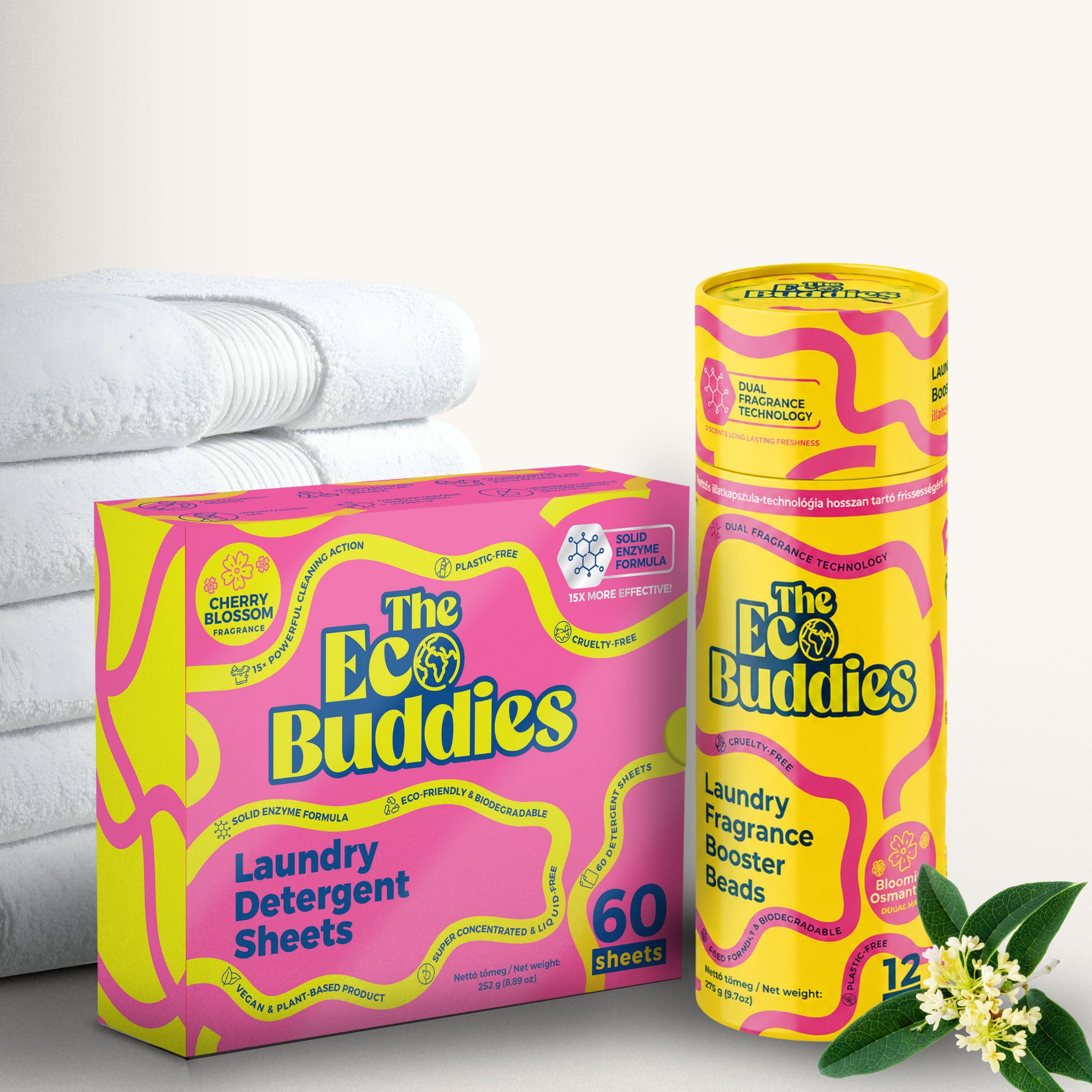 The Eco Buddies Starter csomag: Egy csomag mosólap szilárd enzim formulával és egy csomag illatfokozó gyöngy Blooming Osmanthus illattal.