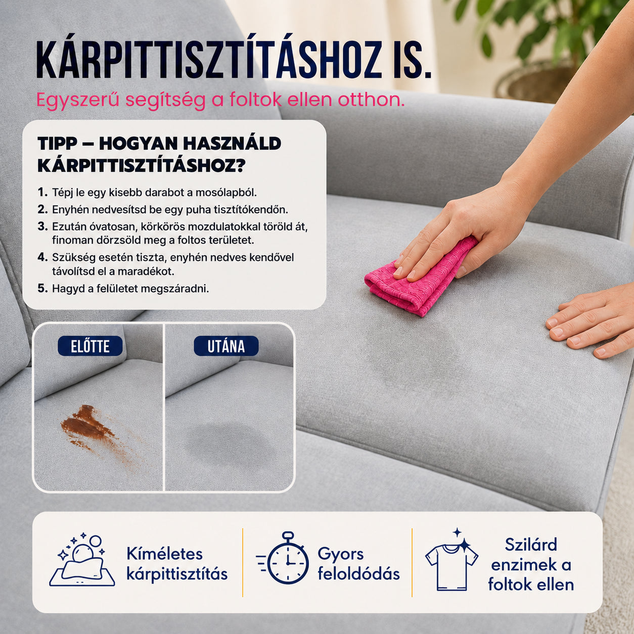 The Eco Buddies mosólap használata kárpittisztításhoz is, előtte-utána.